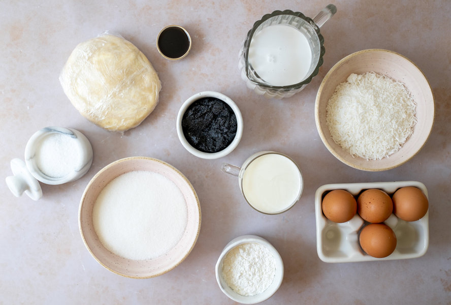 Ingredients for black sesame coconut cream pie