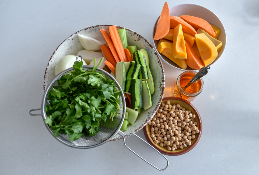 seven-vegetable Moroccan couscous ingredients on a countertop