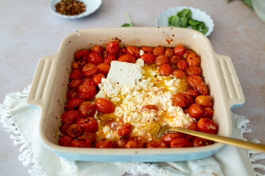 Tomatoes and Feta baked in a baking dish