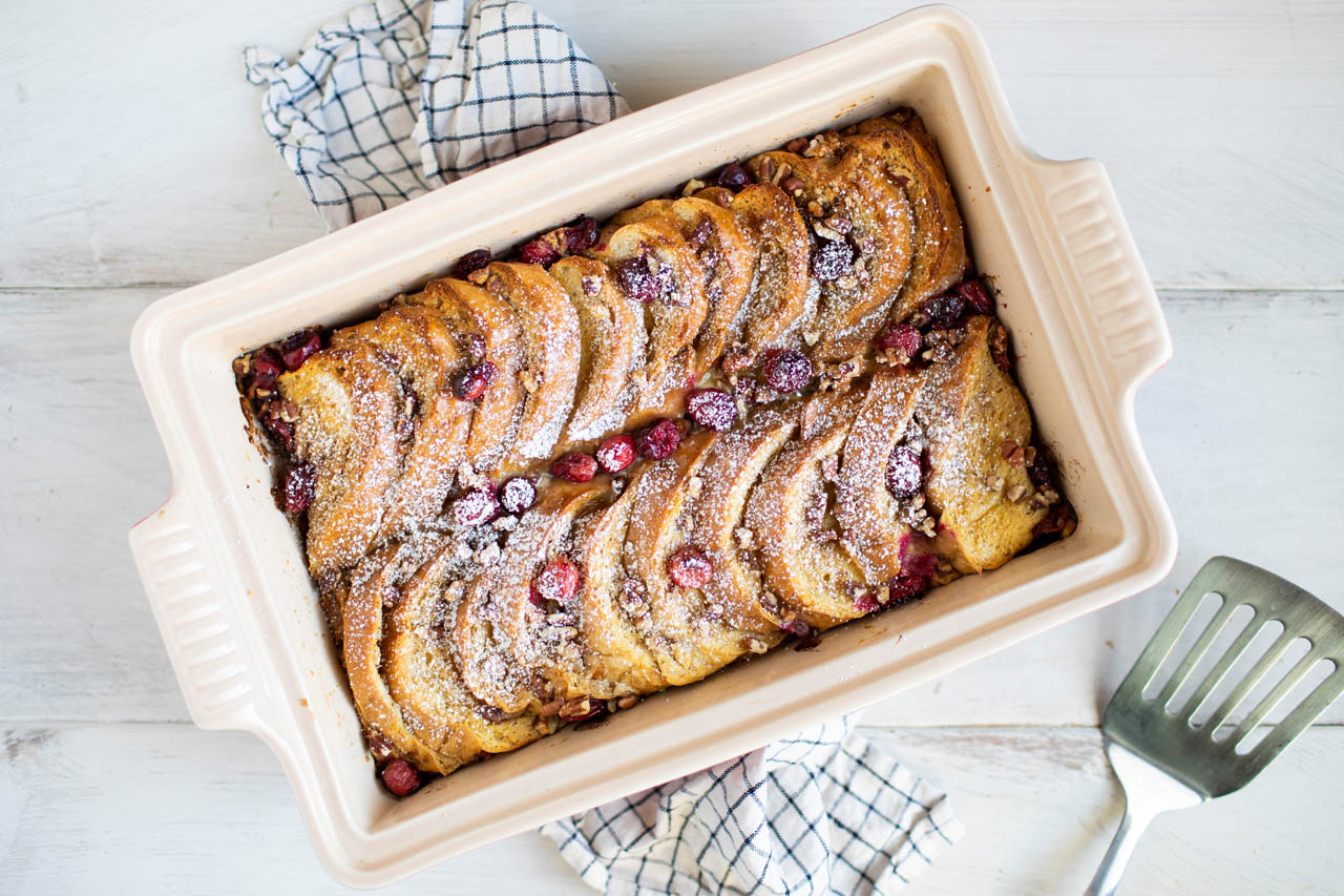 Overnight Gingerbread French Toast Bake in a casserole dish