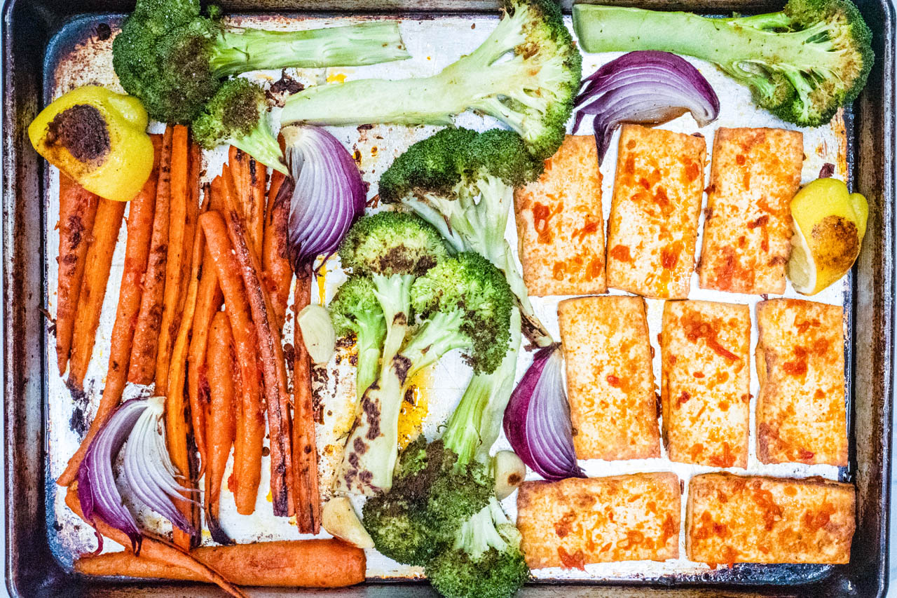 30-Minute Harissa Tofu, Broccoli and Carrot Sheet Pan Dinner