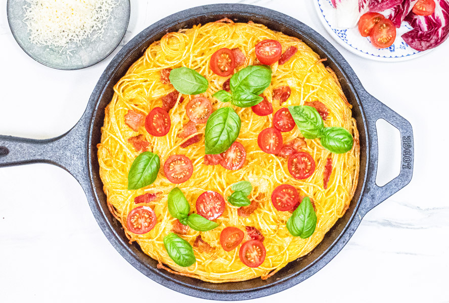leftover pasta frittata in a pan
