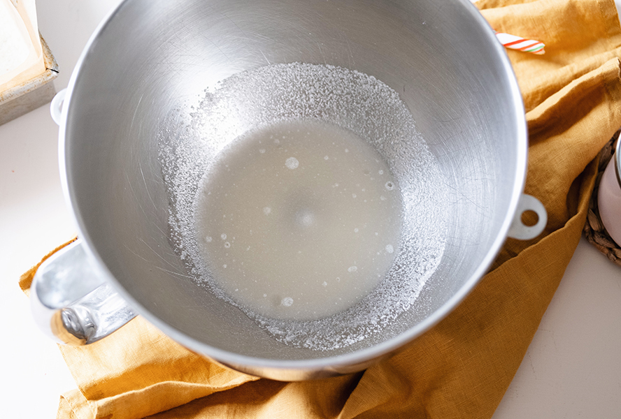 Homemade marshmallows gelatin in mixing bowl