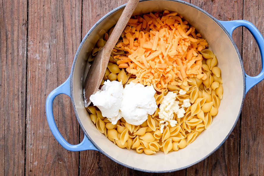 cheese and pasta in a dutch oven
