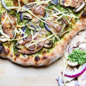 Pesto Pizza with Mushrooms and Smoked Gouda