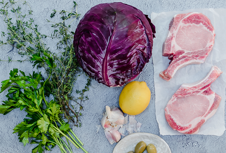 Ingredients for pan-fried pork chops and roasted cabbage