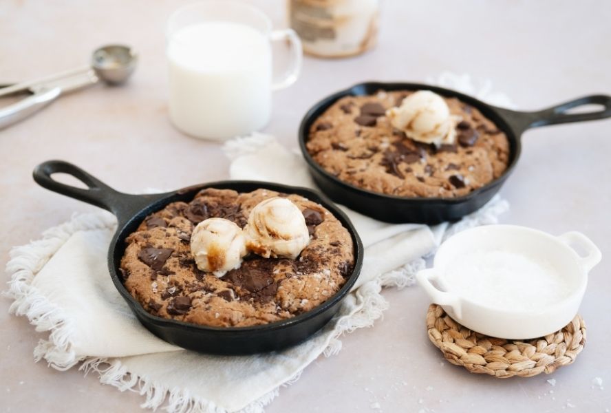 chocolate and PB skillet cookie in cast iron pan