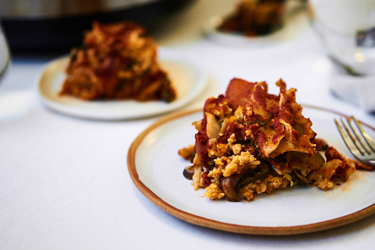 Gluten-free, dairy-free slow cooker vegan lasagna on a plate