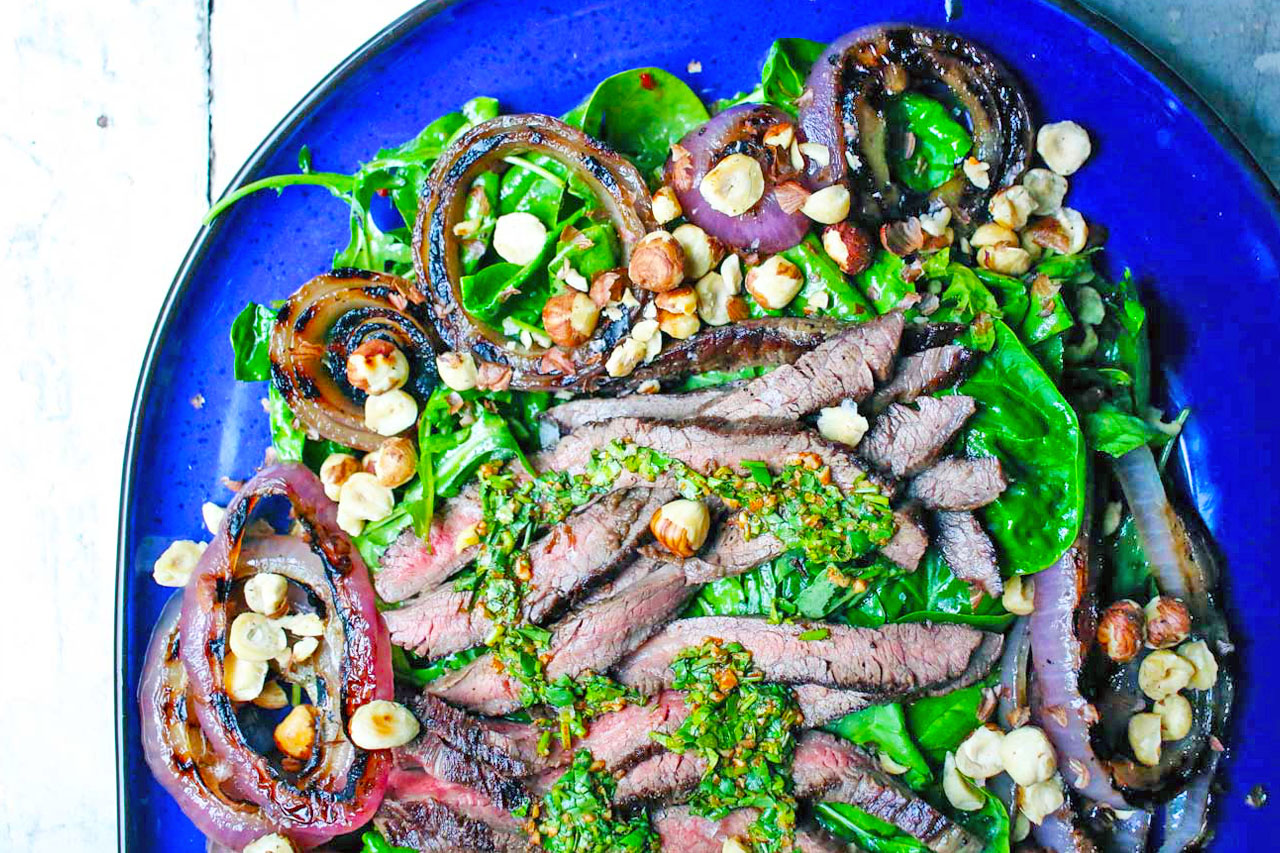 Steak Salad with Onions and Cilantro Chimichurri and grilled onions