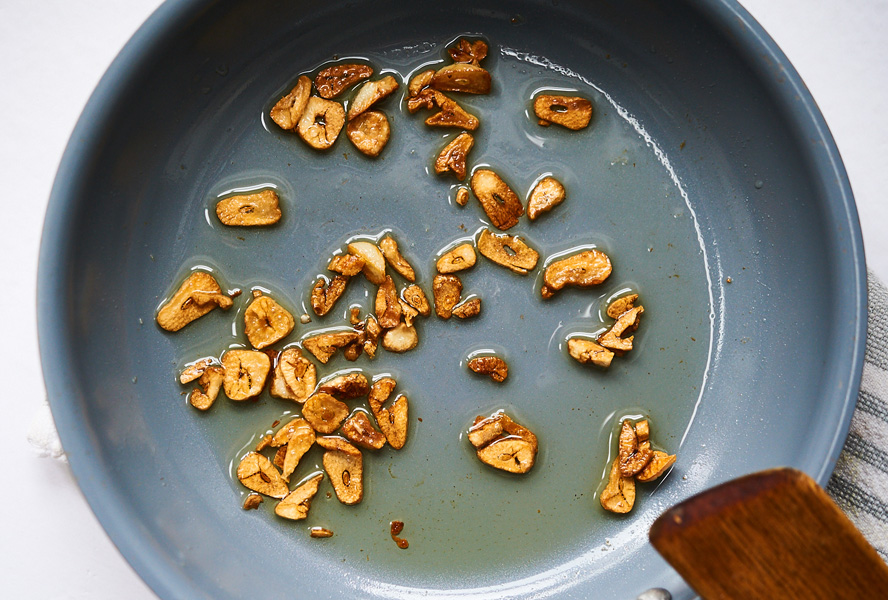 crisping up garlic in a pan