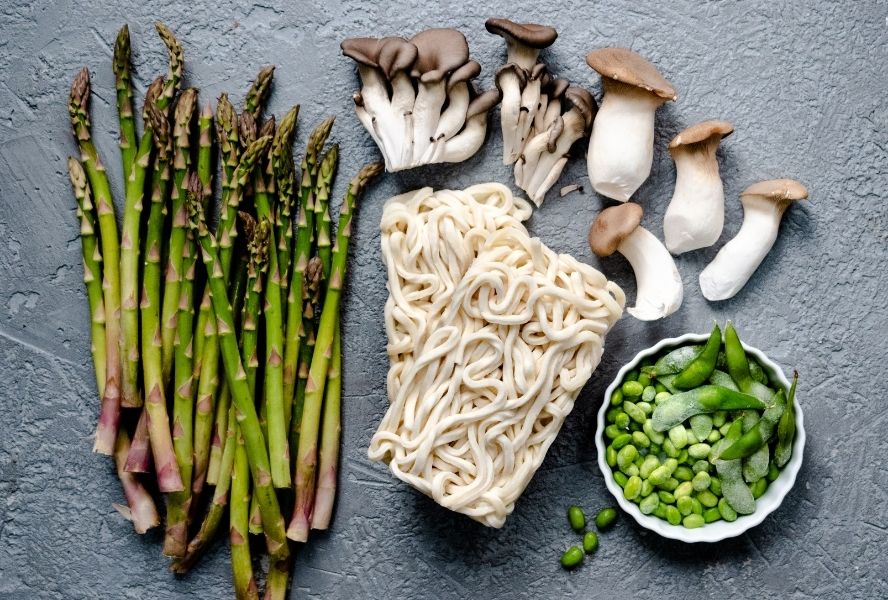 mushroom yaki udon ingredients on counterop