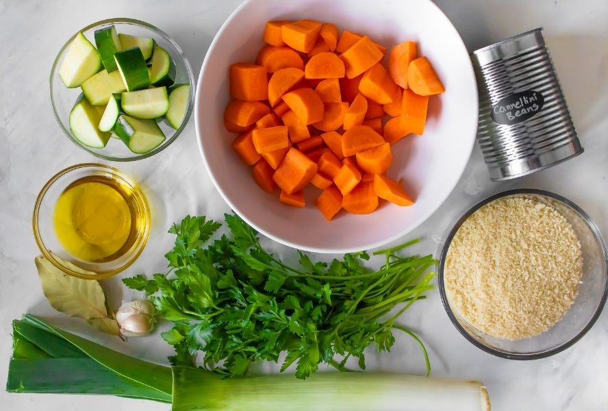 vegan cassoulet ingredients on kitchen countertop