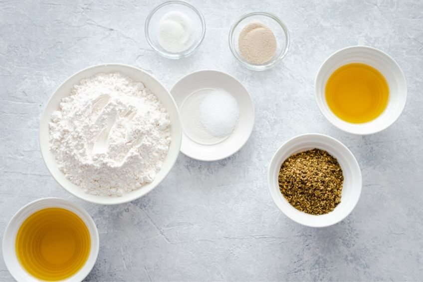 za'tar flatbread ingredients on kitchen countertop