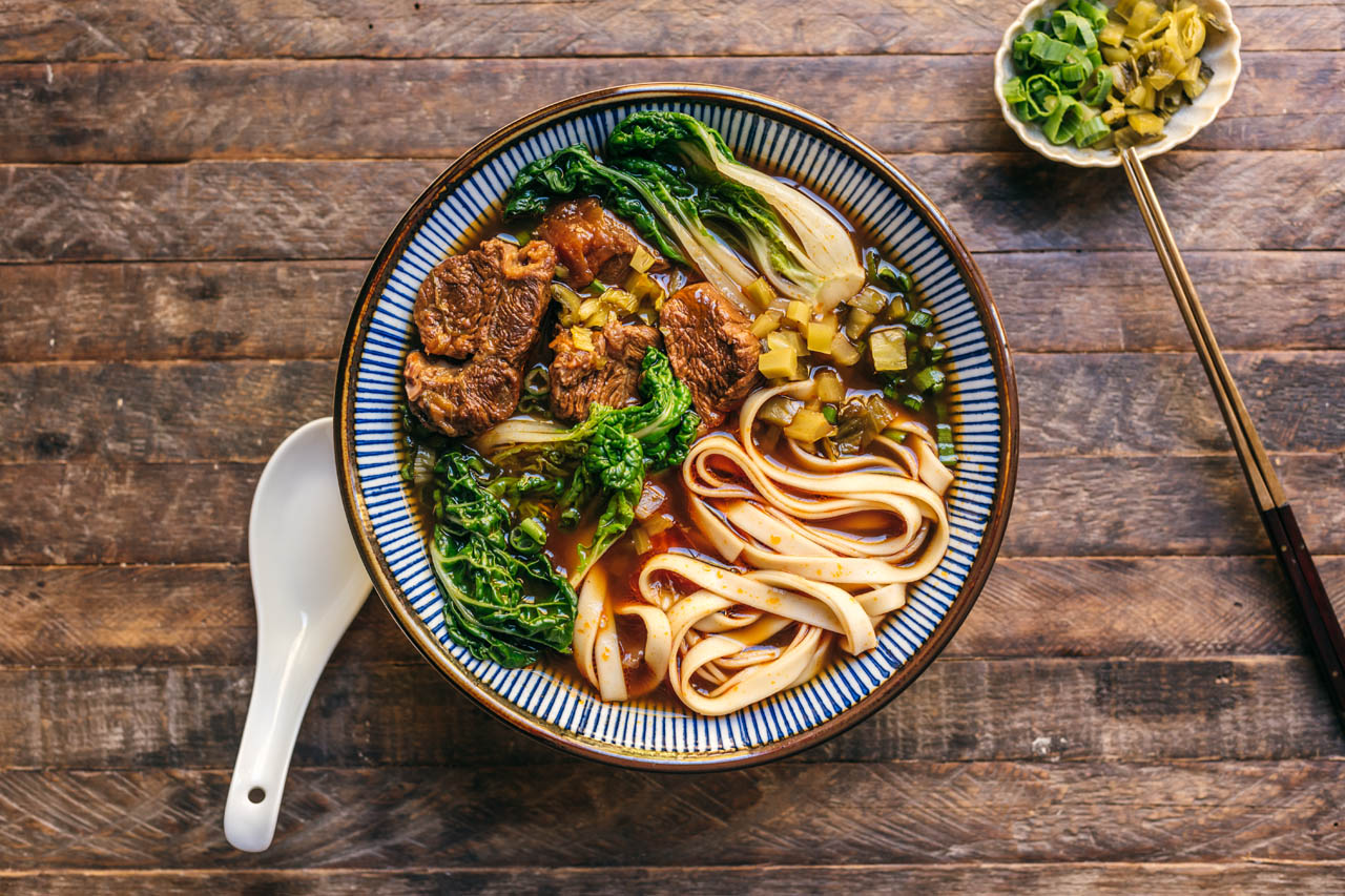 Taiwanese beef noodle soup in a bowl