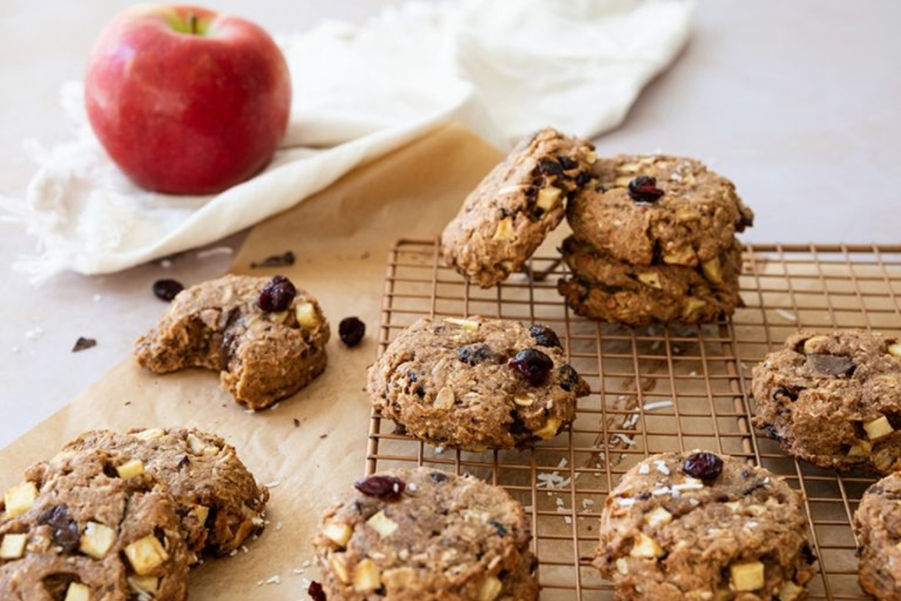 Apple oatmeal cookies on a cooling rack