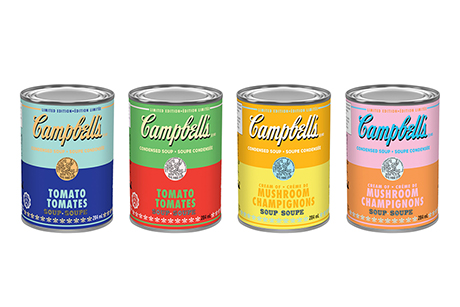 Four Andy Warhol-inspired Campbell's soup cans in bright colours
