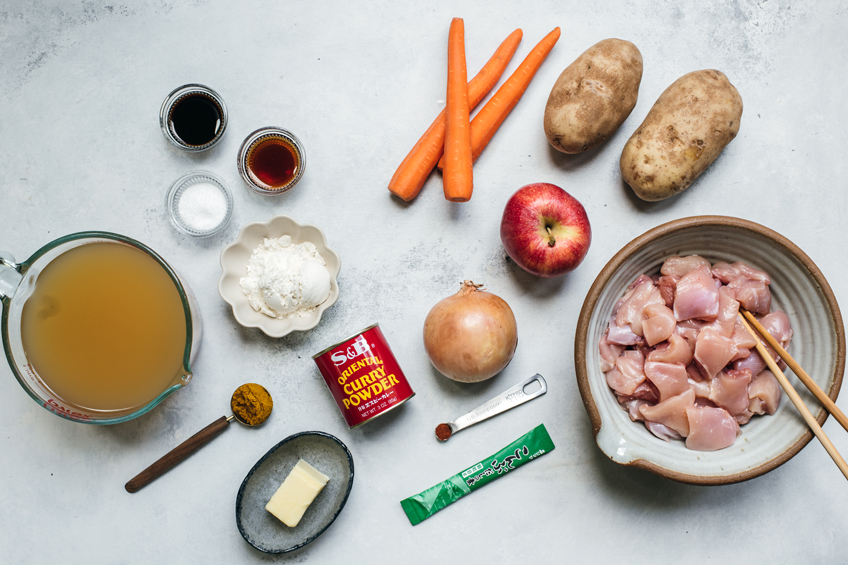 Mise-en-place of ingredients for Japanese chicken and apple curry
