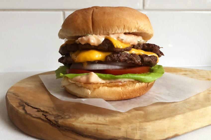 Jordan Andino's double stacked smash burger with cheese and all the fixings