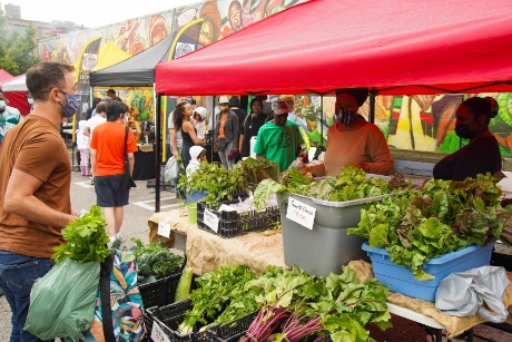 Vendors selling produce at a booth in the Afro-Caribbean Farmers' Market in Toronto