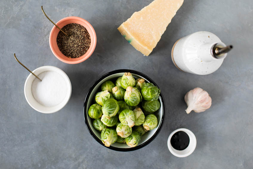 Ingredients for crispy air fryer Parmesan Brussels sprouts