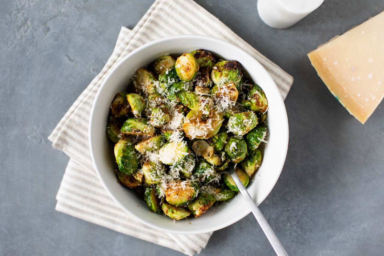 Crispy air fryer Brussels sprouts in a serving bowl