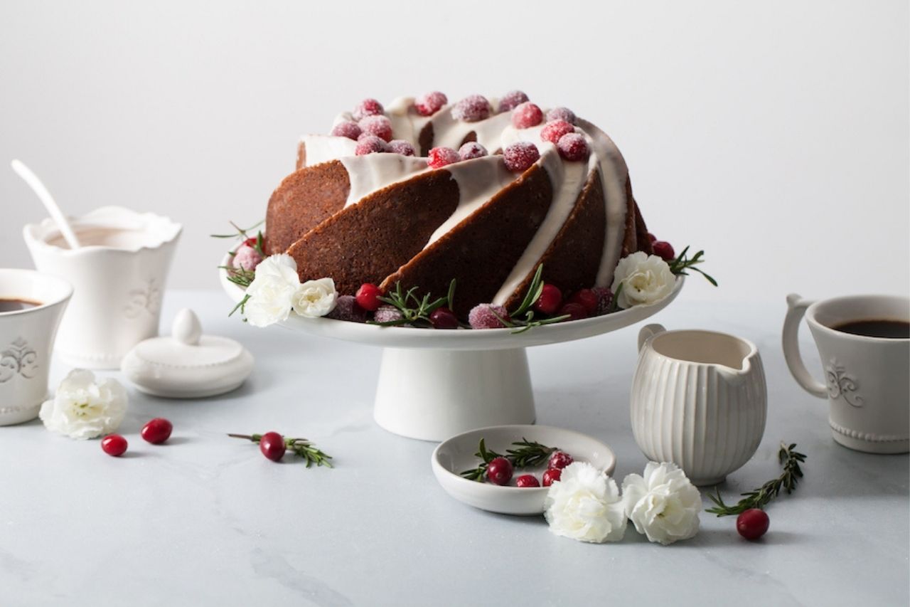 Beauty shot of a bundt cake on a decorated table