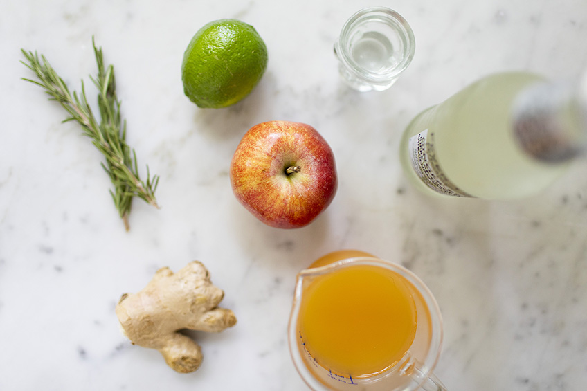 apple cider Moscow mule ingredients on a countertop