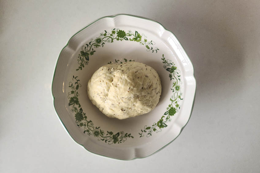 dough for sephardic challah in a mixing bowl