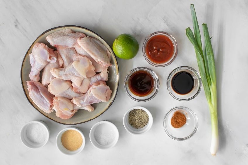 sweet chili chicken wing ingredients on countertop