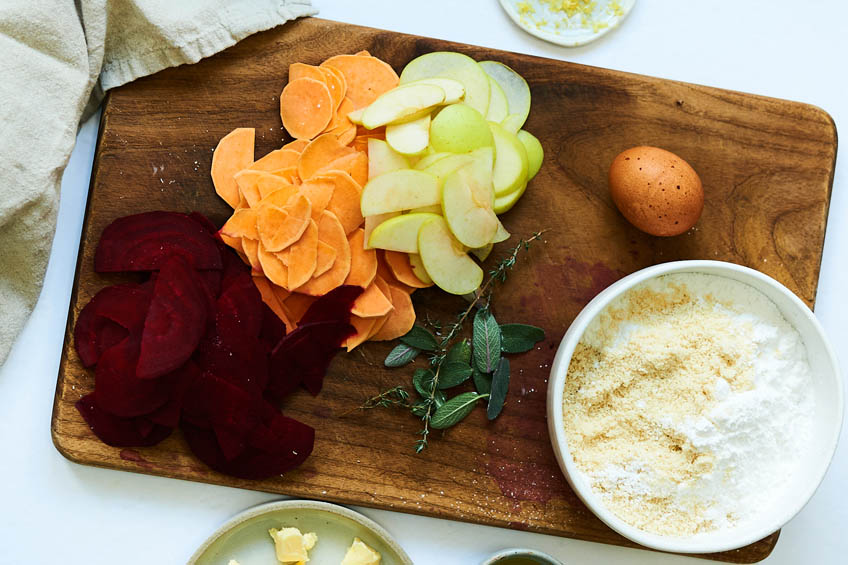ingredients for gluten-free sweet potato, apple and beet galette