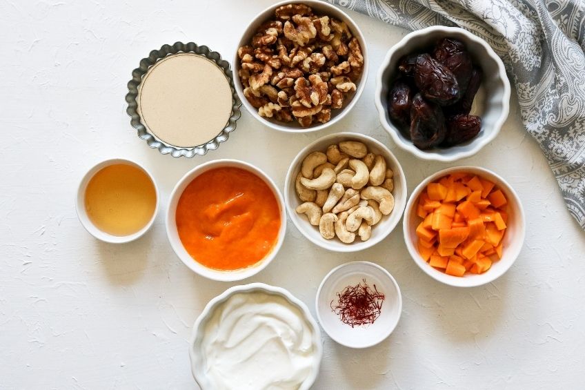 no-bake yogurt mango tart ingredients on kitchen countertop