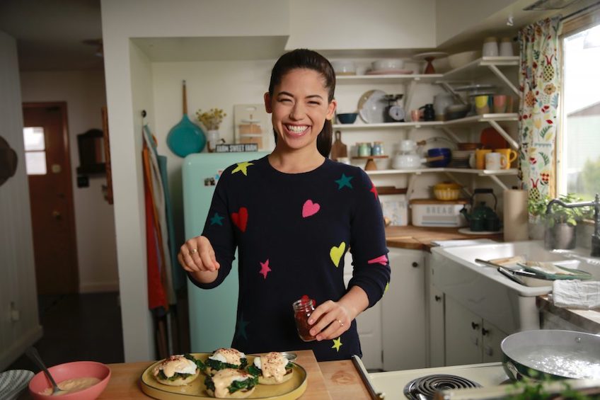 Molly Yeh making her pita and greens benedict