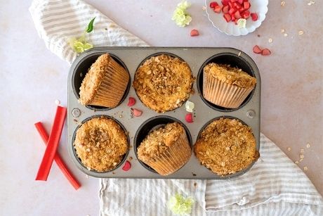 rhubarb and sour cream muffins in pan