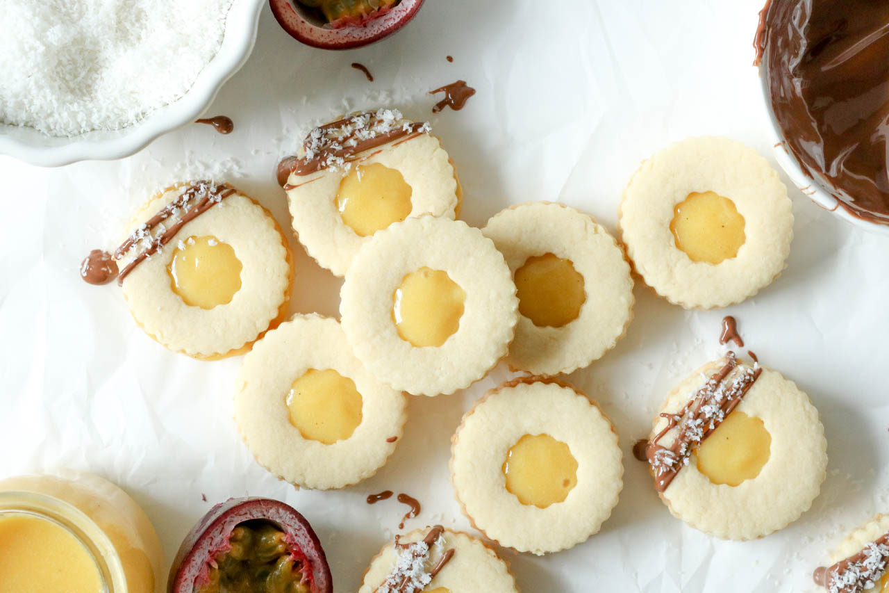 Passionfruit and coconut linzer cookies