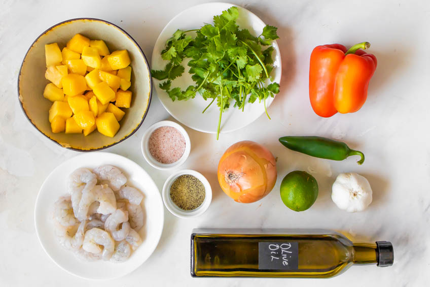 mise en place for spicy shrimp and mango salsa