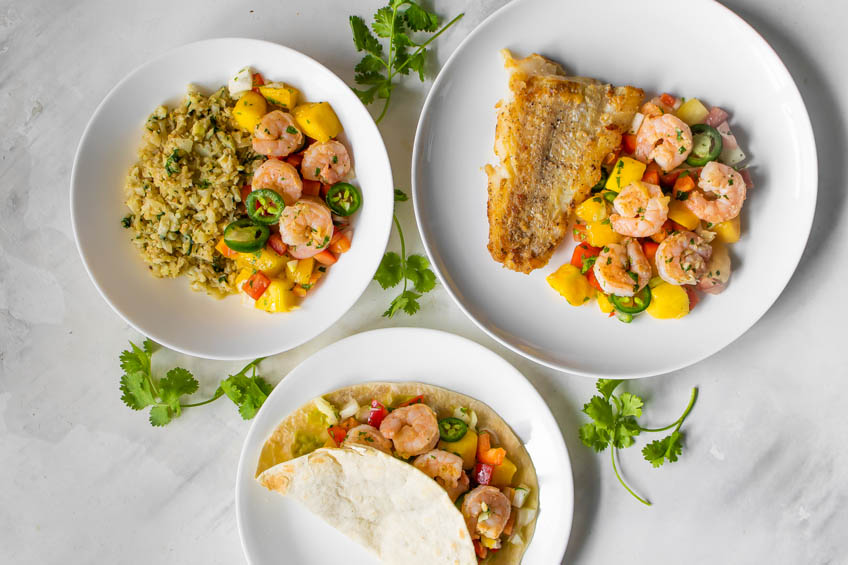 Spicy shrimp mango salsa served three ways: with fish, over cauliflower rice and in a taco
