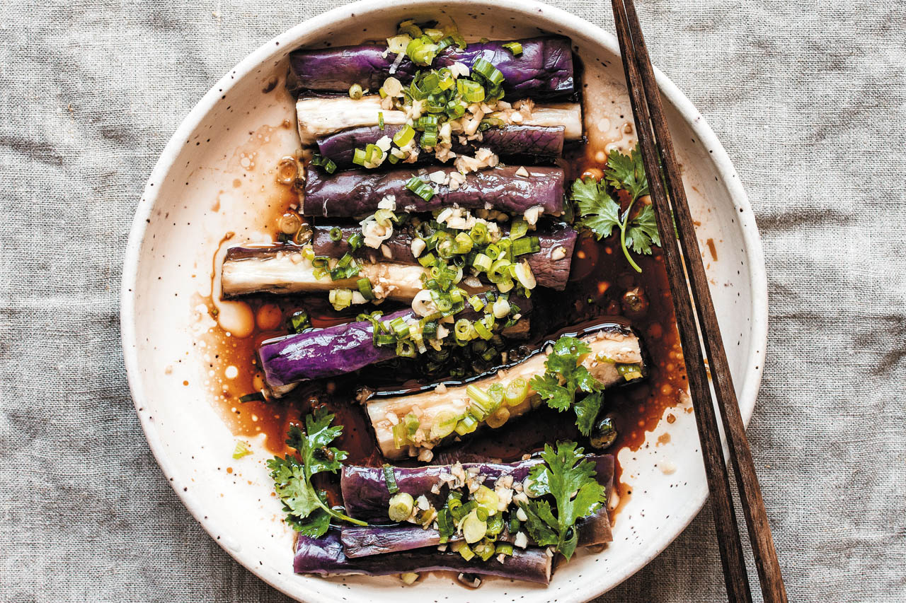 steamed chinese eggplant recipe on a white plate