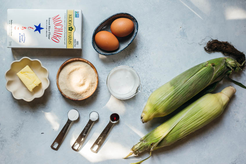 ingredients for sweet corn mochi cake on a white countertop
