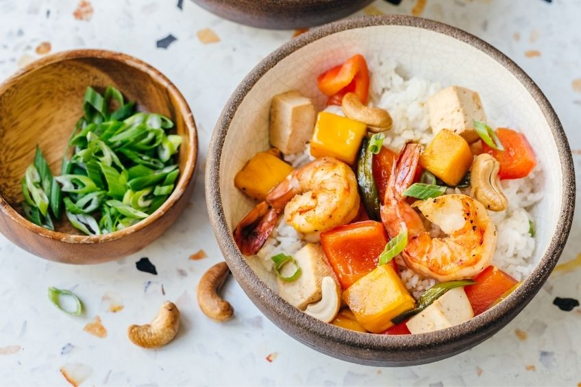 Sweet and sour shrimp and tofu in one bowl