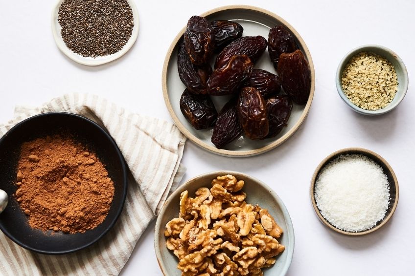 mood-enhancing chocolate truffle ingredients on countertop