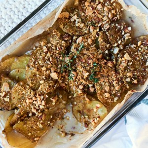 The Creamiest Vegan Scalloped Potatoes with Thyme Almond Crumble