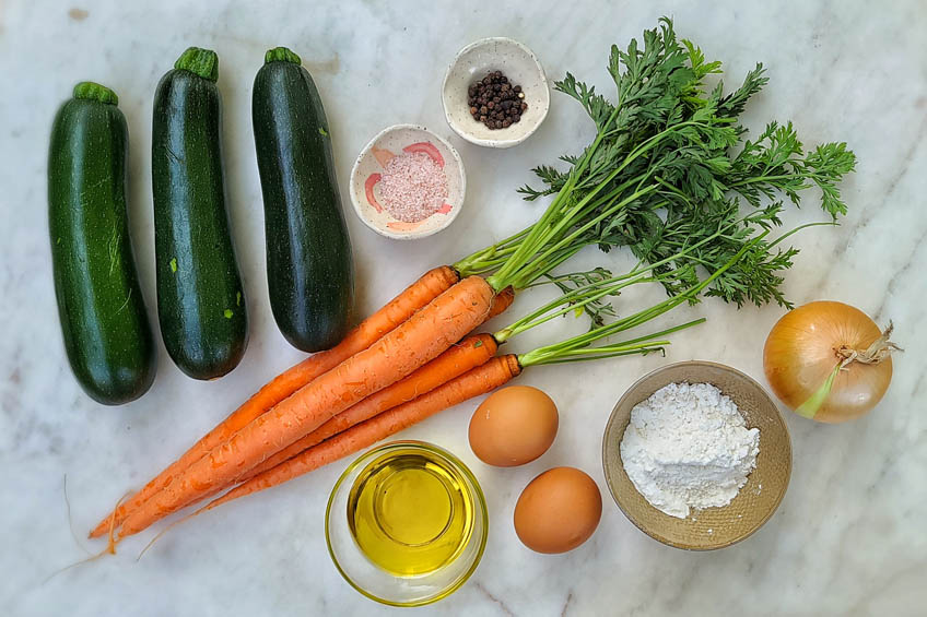 ingredients for baked carrot and zucchini latkes
