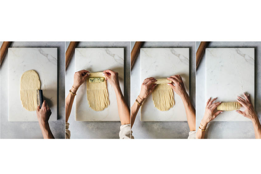 the 4 steps of rolling scallion wool bread being shown
