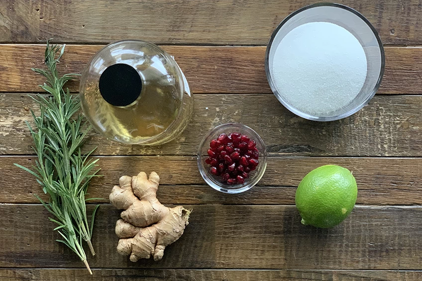 Non-alcoholic ginger-rosemary Christmas cocktail ingredients
