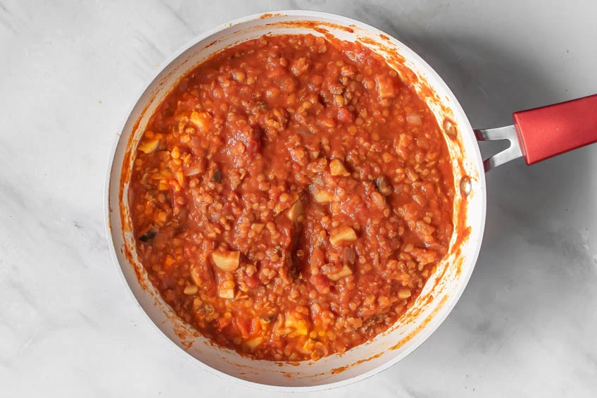 Lentil tomato sauce for the perfect vegan lasagna.