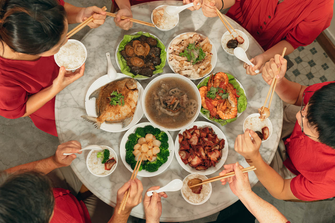 A delicious Lunar New Year spread on a round table