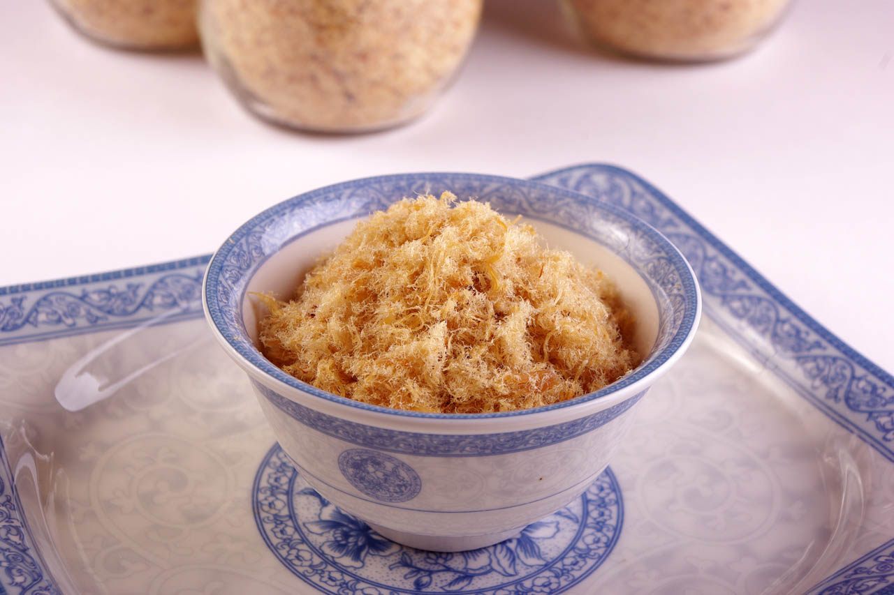 Chinese Pork Floss in a blue patterned bowl