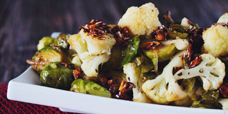 Roasted Brussels Sprouts &amp; Cauliflower with Smokey Almond Bits