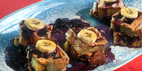 Peanut Butter French Toast "Waffles" with Mixed Berry Sauce