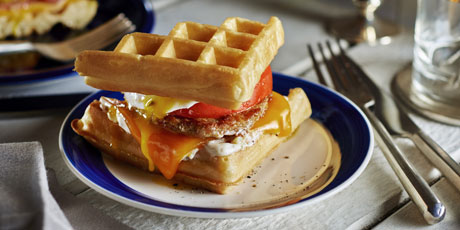 Breakfast Sausage, Egg and Cheddar Waffle-wich